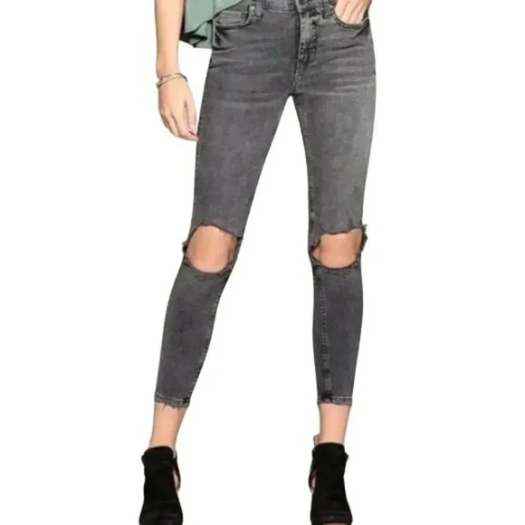 Free People Distressed Gray Skinny High-Rise Jeans - Picture 1 of 6